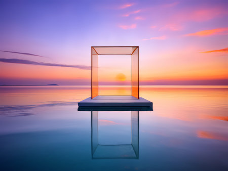 Glass Cube Above Water Reflections of Existence, Exploration, and Nature Beautyの素材