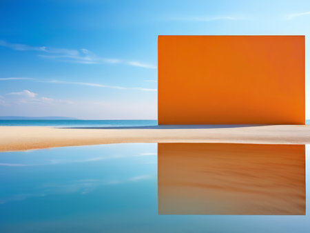 Sunlit Serenity A Minimalist Beachscape with Orange Structure in Vibrant Reflectionsの素材