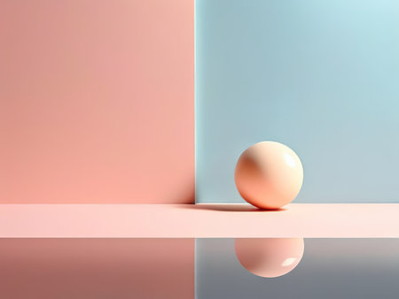 Peaceful Minimalist Composition A Calming Scene Featuring Pink Walls, Egg-Shaped Sphere, Blue Contrast, Tranquility, Reflectionsの素材