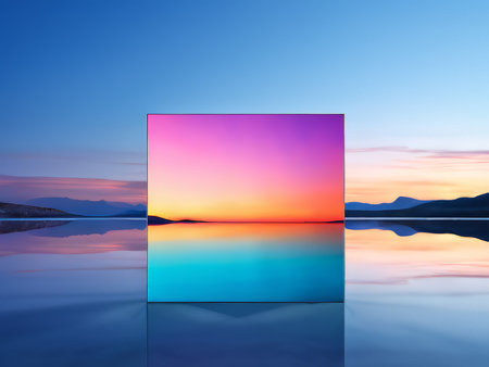 Enchanting Reflections A Majestic Glass Block Over Serene Waters and Radiant Skiesの素材