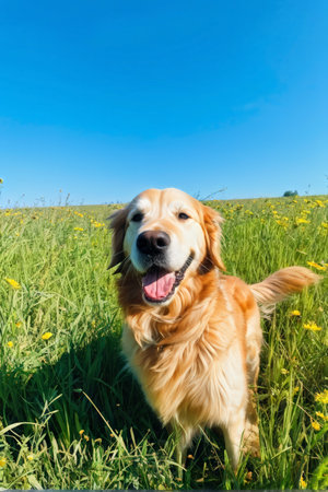 A Friendly Golden Retriever Smiling Portrait Amidst Nature Beautyの素材