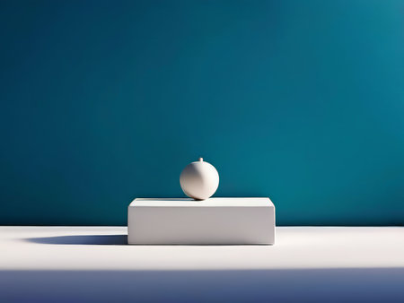 Minimalist Harmony A White Sphere Reflection in a Square Block Shadow Amidst Colorful Contrasts and Subtle Emotionsの素材