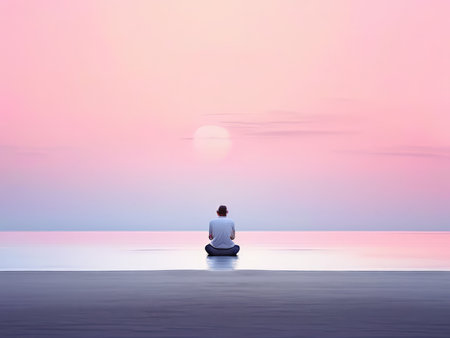 Reflections of Serenity A Meditation Session at Sunset by the Waterの素材