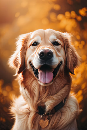 Golden Retriever Autumn Portrait Captured in Blurred Golden Leaves Heart-Shaped Tag Adorns Its Collarの素材