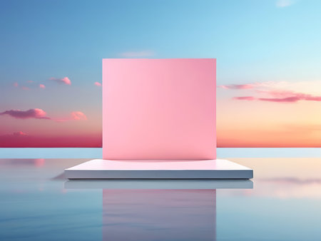 Reflections of Serenity A Square Pink Object Tranquil Journey Through Pastel Sky and Water Reflectionsの素材