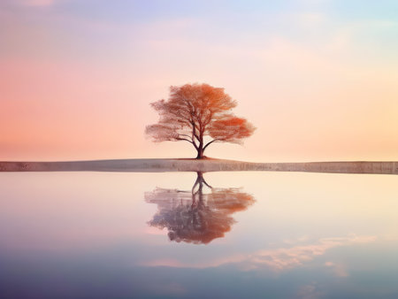 Reflections Amidst Water A Tree Enshrouded in Nature Mirrorの素材
