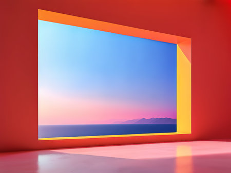 Vibrant Sea Palette Captivating Seaside Scene Through Large Windows in a Tranquil Roomの素材