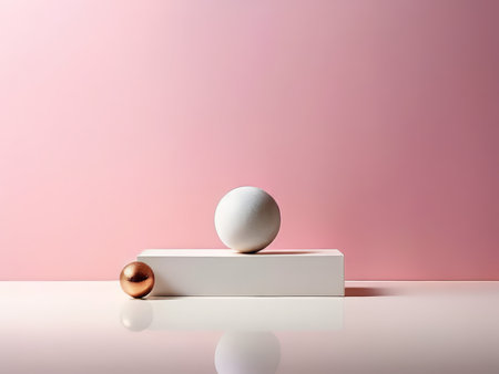Minimalist Modern Still Life Gleaming Spheres and Reflective Reflections Amidst a Glistening Pink Backgroundの素材