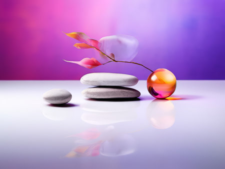 Harmony in Stillness A Serene Composition of Smooth Stones, Glass Ball, Flowers, and Leaves Evoking Balance Through Soft Colors and Reflective Depthの素材