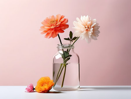 Minimalist Still Life A Glass Jar of Flowers in Pink Background - Orange and White Bloom Arrangementの素材