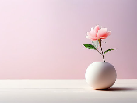 Minimalist Elegance A Soft Pink Flower Against a White Vase and Pale Pink Backgroundの素材