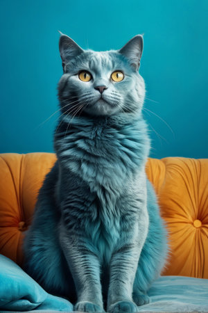 Graceful Gray Cat with Blue Eyes Adorns Turquoise Couch in Professional Portraitの素材