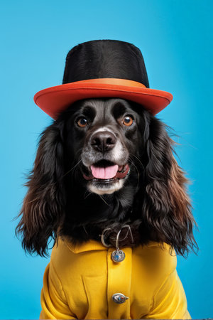 Adorable Yellow Coat and Red Hat Dog in a Posy of Black Top Tongue Out Imageの素材