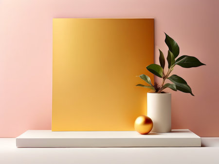 Abstract Art Display A Blazing Canvas Featuring Plant Pots, Shiny Spheres, Elevated Platforms, and Vibrant Greeneryの素材