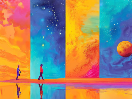 Enchanting Otherworldly Landscape A Cosmic Gradient Walked Upon by Mirrored Figuresの素材