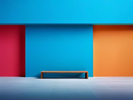 Juxtaposition of Colorful Walls and Vintage Bench A Visual Harmony in Public Spacesの素材