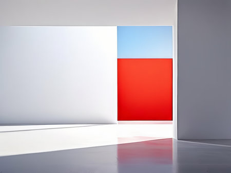 Interior Design Inspiration A Thought-Provoking Space Featuring White Walls, Grey Floor, Red & Blue Panels in a Well-Lit Roomの素材