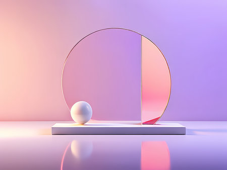Shimmering Pastel Purple-Pink Gradient Sphere Composition Pink Rimmed Gold Circle on White Platform, Reflections Below, Light Beams Shining Through Floor and Side Wallの素材