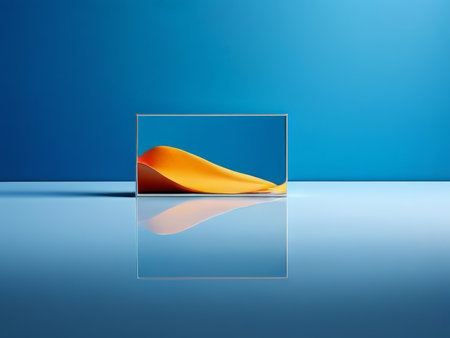 Reflecting Light An Intricate Glass Frame Showcase Yellow Flowing Object Against Blue Background with Subtle Reflections Belowの素材