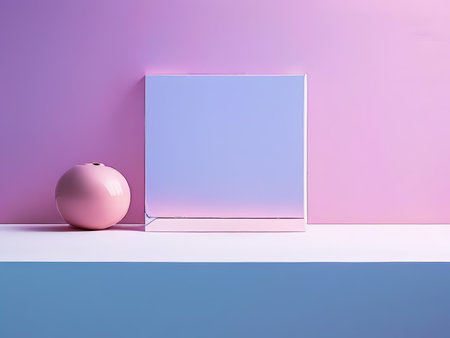 Mirrored Reflections A Pink Marble Sphere Enchanting Mirror Image Against a Lavender Backgroundの素材