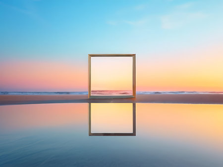 Golden Hour Sunset Reflections Capturing the Serene Beauty of a Beach Frame Amidst the Ocean Tranquilityの素材