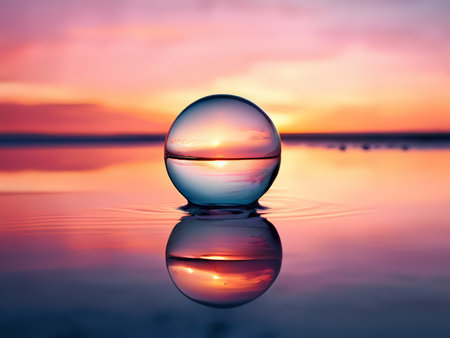 Radiant Sunset Reflections in a Majestic Sphere Captivating Colorful Sky Mirroredの素材