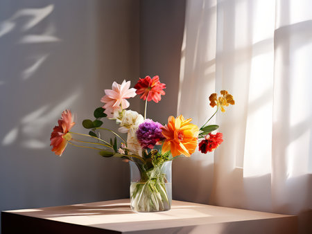 Vibrant Blossoms in a Glass Vase A Tranquil Garden Surrounding Curtainsの素材