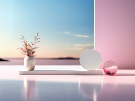 Peaceful Serenity A Minimalist Sunset Scene Featuring Red Dried Plants Inside White Vases and Pink Wallsの素材