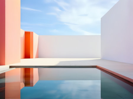 Daytime Pool Scene A Clear Water Feature Enveloped in White Walls Under Sunlightの素材
