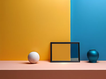 Minimalist Still Life Composition Colorful Blocks, Egg, Blue Vase, and Calm Background - A Deep Palette Explorationの素材