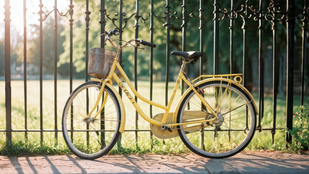 Sunlit Park Setting Silhouetted Trees and Yellow Bicycle Against Fence in Vibrant Garden Lightの素材