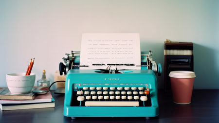 Vintage Typewriter Workspace A Simple Yet Stylish Office Setup Featuring Pencils, Books, Coffee Cups, and a Sheet of Typed Textの素材