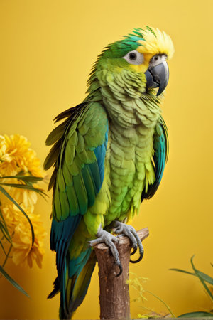 A Vibrant Parrot Perched Among Yellow Flowers Against a Golden Background - Featuring Brightly Colored Head Traitsの素材