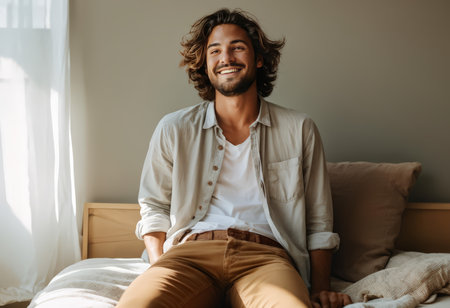 Enlightened Morning Serenity A Gentleman Simple Comfort as Sun Streams Through Window Curtainsの素材