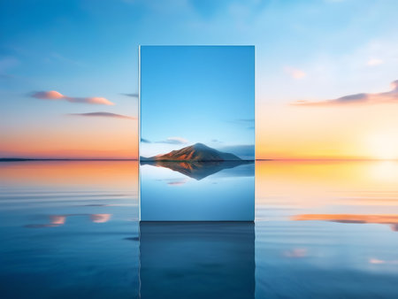 Reflecting Dreams Surreal Landscape of a Rectangular Mirror on Calm Water, Island with Mountains, Sunrise/Sunset Horizon in Colorful Skyの素材