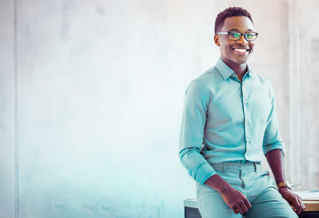 Confident Contentment A Professional Portrait of an African-American Businessman in Bold Business Attire Sitting on a Plain Backgroundの素材
