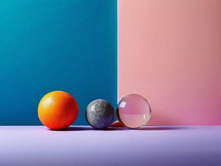Vibrant Still Life Arrangement Orange, Silver Sphere, Pink Glass Ball on Purple Surface in Blue/Pink Backgroundの素材