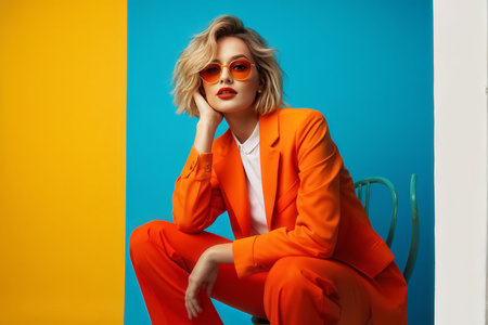 Photographic Inspiration Captivating Woman Posed for Fashion Model Shoot in Blue Background with Orange Suit and Red Lipstickの素材