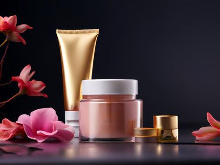 Vibrant Beauty Display A Collection of Cosmetics Against a Dark Background Featuring Pink Flowersの素材