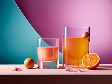Refreshing Visual Symphony An Admired Display Featuring Orange Juice, Fruit, Ice Cubes, Blue Pink Purple Backgroundの素材
