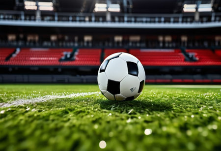 Shallow Focus Shot A Sole Soccer Ball amidst a Clean Stadium Field and Background Crowdの素材