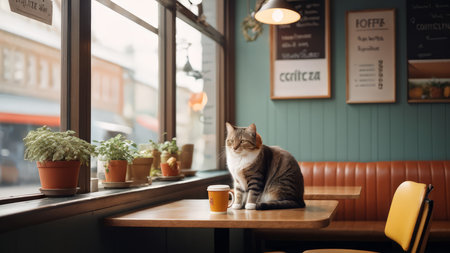 Caffeinated Ambiance A Cat Comfortable Spot Amidst Woodwork and Coffee Cups in an Intricate Decorated Roomの素材