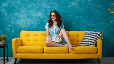 Radiant Sunset Serenity A Vibrant Woman in Floral Couture Rests Beside Soft Flowers and Turquoise Wallsの素材