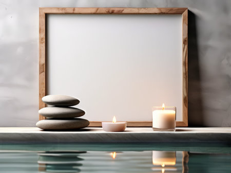 Vintage Wood Frame Surrounding Candles and Natural Elements in Serene Water Settingの素材