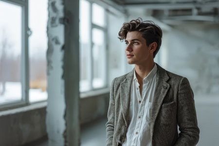 An Empty Workplace During Winter A Man in Gray Jacket Gazing Away from Broken Wallsの素材