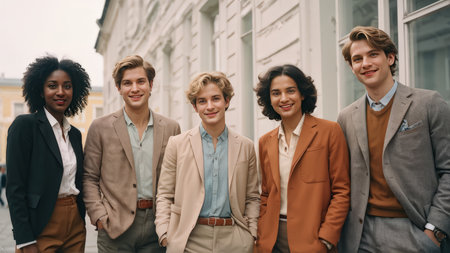 Formal Gatherings An Exclusive Group Portrait Outside an Architectural Gemの素材