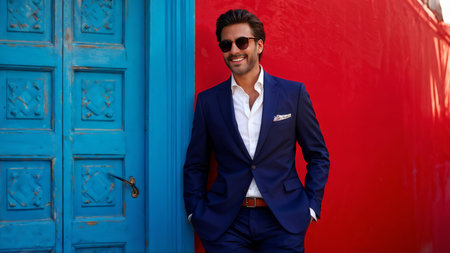 An Intriguing Portrait A Man Standing Against a Red Wall with Blue Doors in Sunglassesの素材