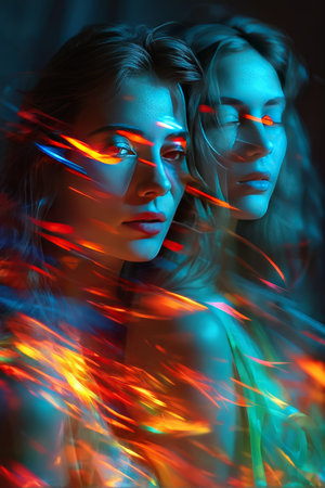 Enchanting Abstract Artwork Vibrant Women Faces Superimposed Over a Dark Background Featuring Colorful Streaks in Red, Blue, Yellow, Green, Orange, Purple, Turquoise, Pink, Brown,の素材