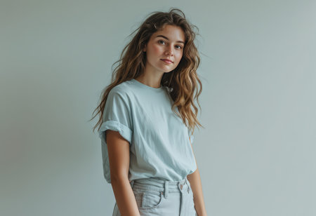 Confident Charm A Soft-Focused Portrait of a Curly Brown-haired Woman in a Blue T-Shirt Amidst a Plain Wall Backgroundの素材