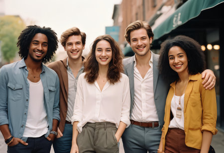 Cheerful City Street Gathering Two Women in Badges Posed for the Camera Amidst Positive Energy and Bright Daylightの素材